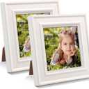 2Pcs 4x4 Wood Picture Frames, Distressed Small Square Frames, Window 3.5 x 3.5 Pictures, Perfect for Table Desk Top or Wall Hanging, White Color