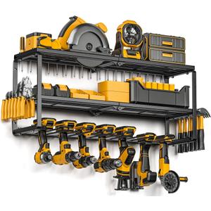 Power Tool Organizer for Tool Storage, Drill Holder Wall Mount with Charging Station, Tool Holder and Storage Rack for Garage Organization, Heavy Duty Metal Tool Shelf with Battery Holder (3 shelves 7 slots)