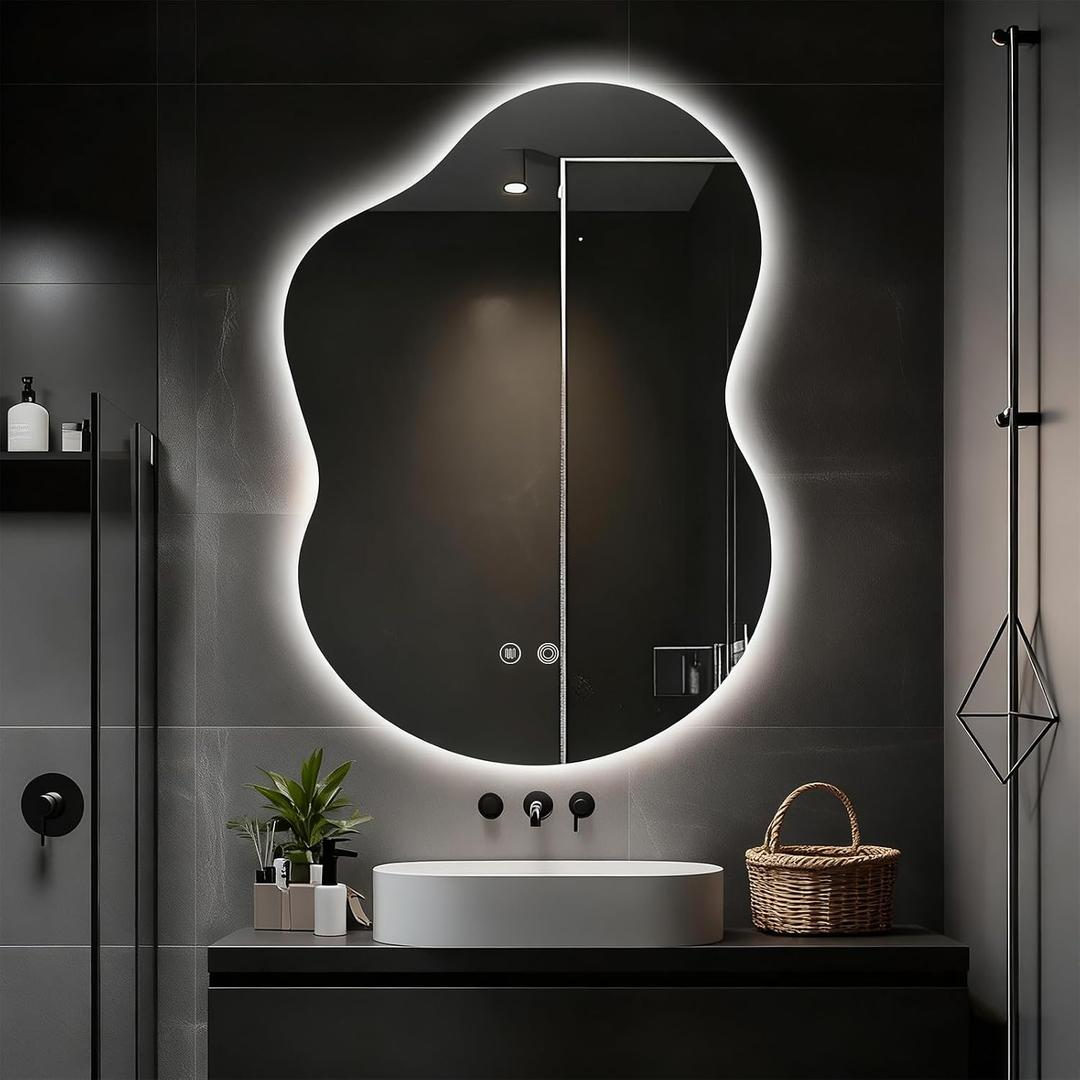 Asymmetrical Lighted Mirror for Bathroom,Modern LED Vanity Mirror with Backlit,Fog-Free,Tri-Color Dimmable Lighting with Memory Function,Hardwire Ready [Horizontal/Vertical] 35" H x 25" W