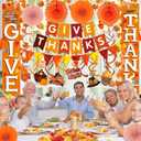 Famoby GIVE THANKS Hanging Banner Porch Sign Autumn Pumpkin Maple Leaf Backdrop Flag Banner Paper Fan&Swirls for Thanksgiving Party Decorations