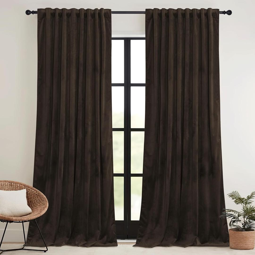 RYB HOME Brown Blackout Curtains 90 inches Long Velvet, Room Darkening Thermal Insulated Drapes with Hook Belt for Bedroom Home Theater, W 52 x L 90 inches, 2 Panels Set