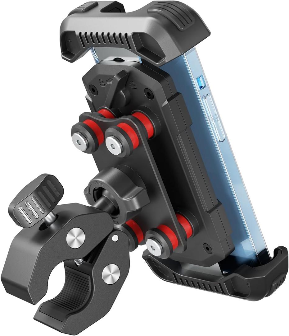 tounee Motorcycle Phone Holder Mount -Dual Vibration Dampener, Tool-Free Bike Phone Holder Handlebar Clip & Secure Lock for iPhone 16/15 Pro Max, 4.7-6.7" Phones - Black