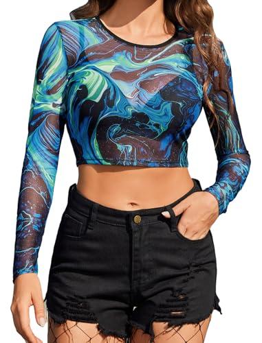 Avidlove Sheer Tops for Women Long Sleeve Crop Top Mesh Shirt Going Out Outfits Marble Print XXL