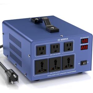 8000W Voltage Converter Auto Transformer,110/120/220/240V Heavy Duty Step Up/Down Power Converter Transformer with 3 US Outlets,3 Universal Outlets, LCD Display,Resettable Circuit Breaker Protection (BLUE)