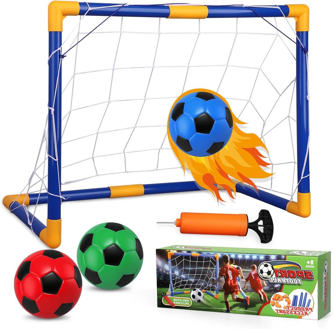 Soccer Goal Set with 3 Ball Pump for Toddler Kid, Portable Goals Training Equipment for Garden Indoor Outdoor Backyard, Birthday Gift for Boy Girl Sports Toy Family Game 23" W18" H12" D