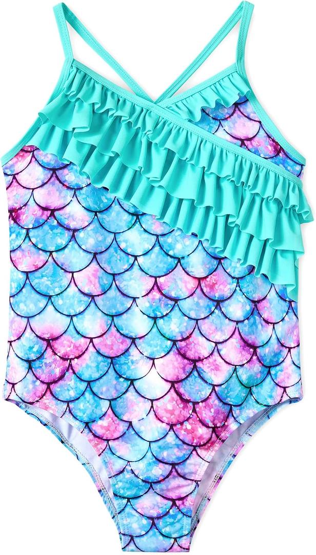 Dvenki Girls One Piece Swimsuit - Adjustable Strap, Mermaid Print Toddler Ruffle Bathing Suit