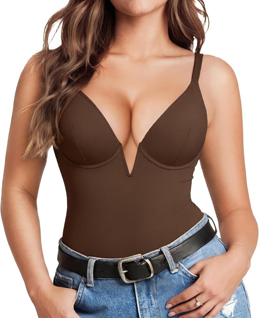 Popilush Shapewear Bodysuits for Women - Tummy Control Body Suits for Womens Deep V Corset Tops Thong Concert Outfits (Brown, S)
