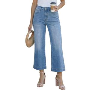 SANMM Jeans for Women High Waisted Wide Leg Flare Jean Cropped Denim Pants Stretchy with Pockets (Blue), 30"x33"