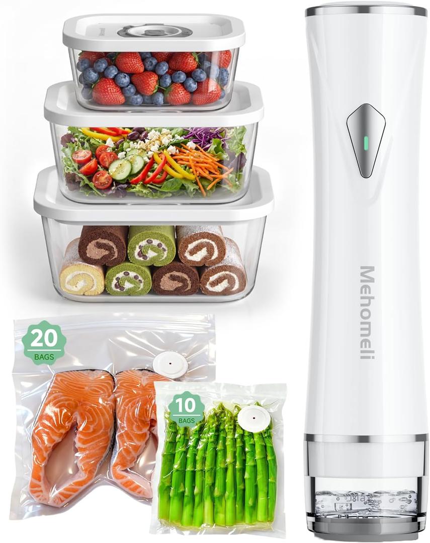Mehomeli Compact Vacuum Sealer for Food (Vacuum Sealer Machine+3 Glass Vacuum Containers+30 Reusable Vacuum Bags),Powerful Handheld Vacuum Seal Machine,Seal Meal Saver,Portable Food Sealer,Easy-Clean