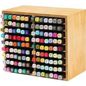 126 Bamboo Marker Organizer, Desktop Storage Hold 126 Markers, 18 Compartments Marker Storage for Home, Classroom, Office, Pen Pencil Holder Desk Art Supply Organizer