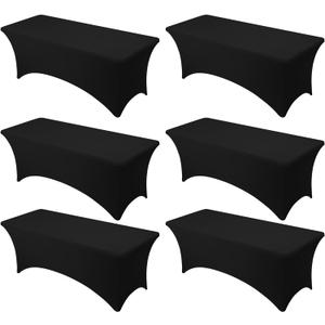 6-Pack Premium Black Spandex Tablecloths for 8ft Rectangle Tables, Stain & Wrinkle-Resistant, Washable Stretch Polyester Fitted Table Cover for Weddings, Banquets, Events, Parties