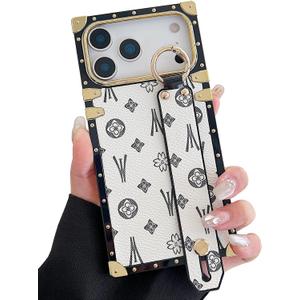 Compatible with iPhone 17 Pro Max Case Luxury Designer for Women Girls,Rectangle Leather with Wristband Strap Kickstand Holder Protective Cover for 17 Pro Max - 6.9 inch(White)