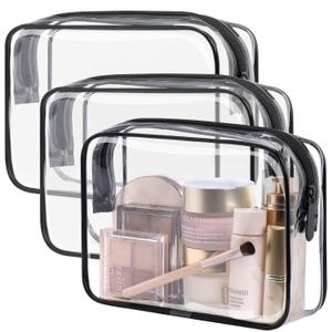 PACKISM TSA Approved Toiletry Bag - Clear Makeup Bag Waterproof Quart Size Bag, Travel Makeup Cosmetic Bag for Women Men, Carry on Airport Airline Compliant Bag, 3 Pack, Black (Medium, Active Black)