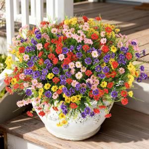 Homsunny Artificial Flowers for Outdoors Spring Summer Decoration,12 Bundles Silk Colorful Flower UV Resistant Look Real Faux Flowers for Front Door Garden Patio Balcony Yard Home