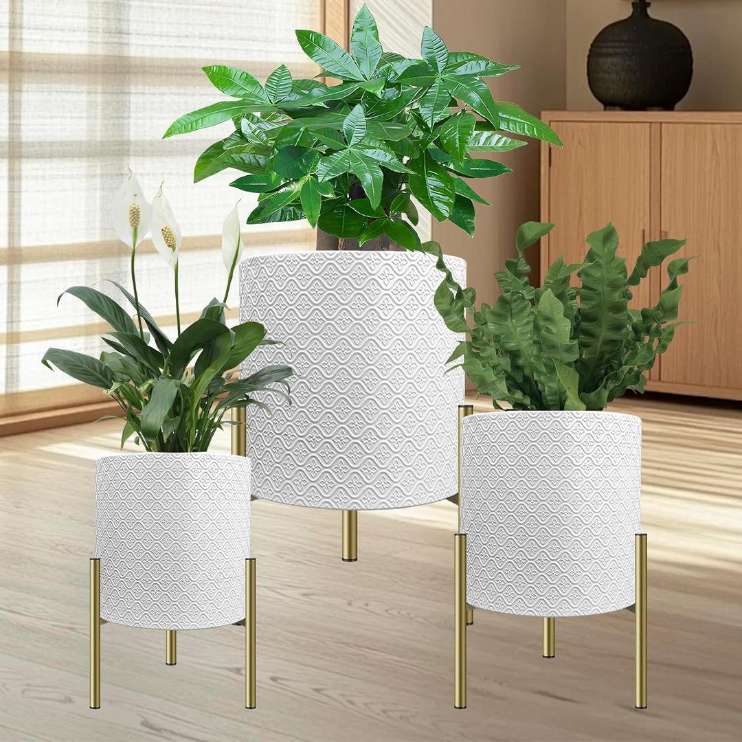 3 Pack Planter Pots with Stand and Drainage Holes, 8/10/12 Inch Indoor/Outdoor Plant Pots, Lightweight Durable Flower Pots for Herbs, Succulents, Modern Home Decor (White F1)