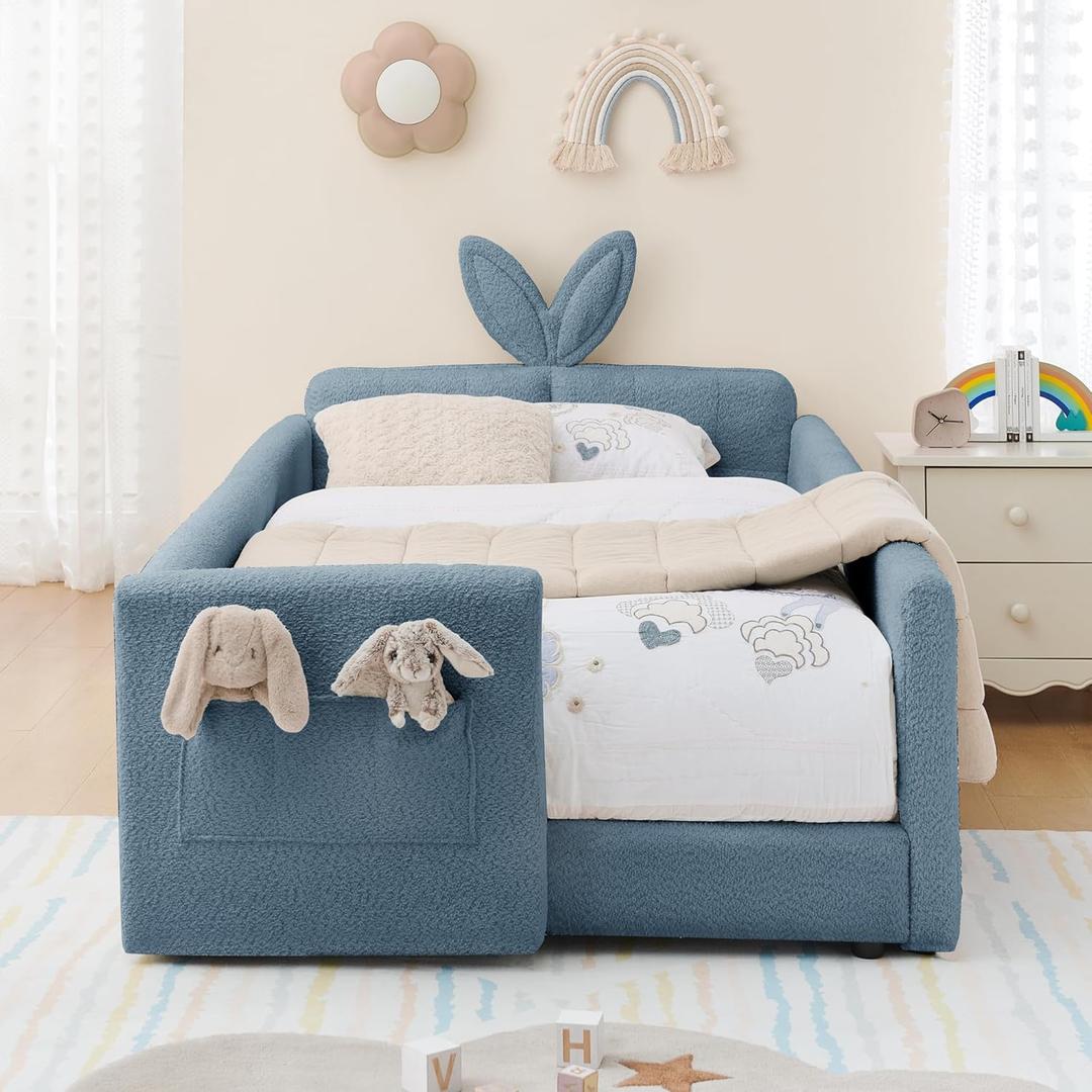 KEIKI Twin Size Upholstered Platform Bed Frame with Cute Rabbit Ear Shaped Headboard and Pocket, for Boys and Girls, Platform Bed with Guardrail and Slats, No Box Spring Required, Easy Assembly, Blue