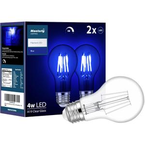 Blue Light Bulb, 4 Watts, A19 Colored LED Filament Bulbs, Clear Glass, 120 Volts, Dimmable, E26 Base, 2-Pack