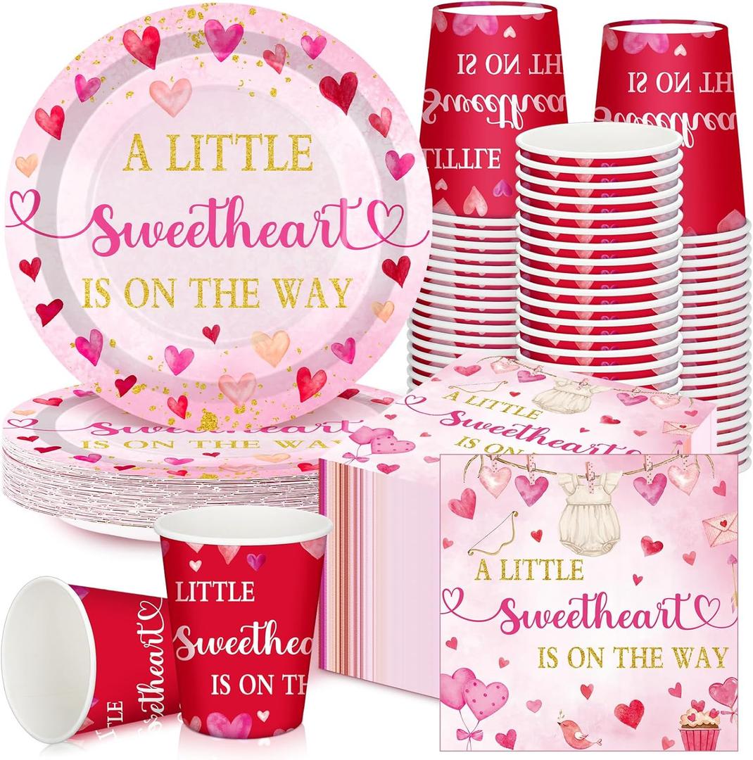 Hushee 200 Pcs Valentine's Day Little Sweetheart Baby Shower Paper Plates Cups Napkins Party Supplies Tableware Set Disposable Cup Napkin for 50 Guest Party Decoration (Multicolor)