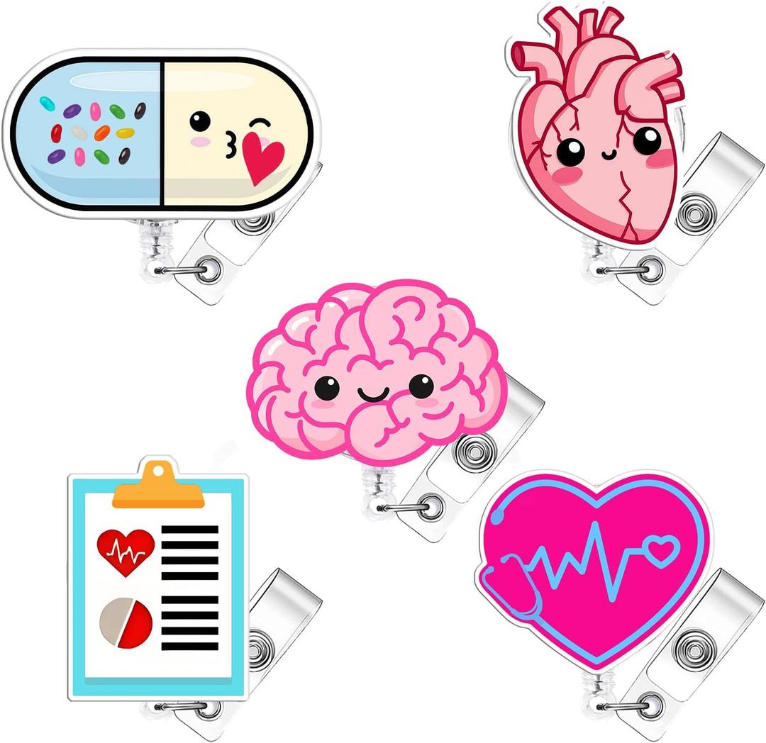 5 Pcs Funny Badge Reel Retractable Name Tag ID Clip Holder Nursing Student RN Pediatric Teacher Funny Office Work Accessories 12