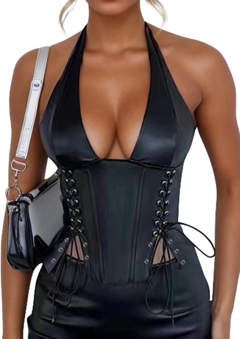 FEOYA Women's Sexy Halter Neck PU Leather Bustier Top Adjustable Backless Crop Vest with Tie Straps (Medium, Black Girdle)