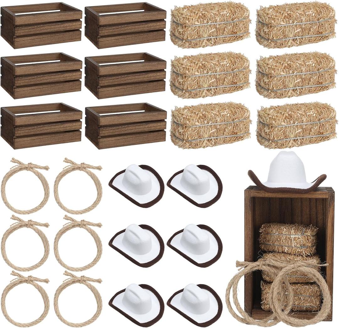 6 Set Western Cowboy Party Centerpieces Decoration Include 6 Pcs Mini Wood Crates 6 Pcs Mini Hay Bales 6 Pcs Mini Cowboy Hat 6 Pcs Twisted Hemp Rope for Western Party Table Centerpieces