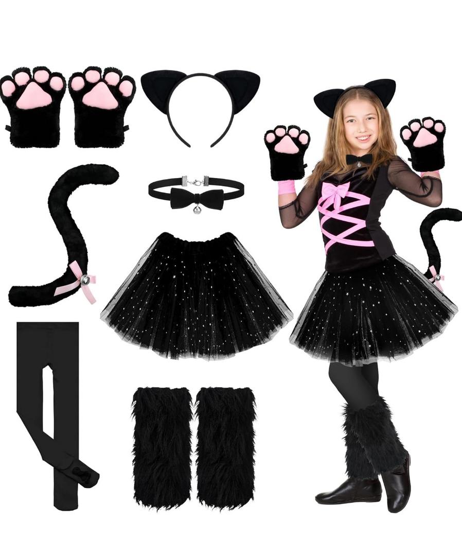 Haull 8 Pcs Halloween Kitten Cat Costume Accessories Girl Cat Ear Tail Gloves Bell Choker Necklace Tights Skirt Calf Sleeves, S