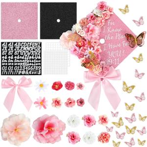 Naozinebi 55 Pcs Pink DIY Graduation Cap Decorations Faux Assorted Flowers Pink Bows 3D Butterfly Stickers Glitter Alphabet Letter Number Decals for DIY Hat Grad Cap Topper Graduation Party Supplies