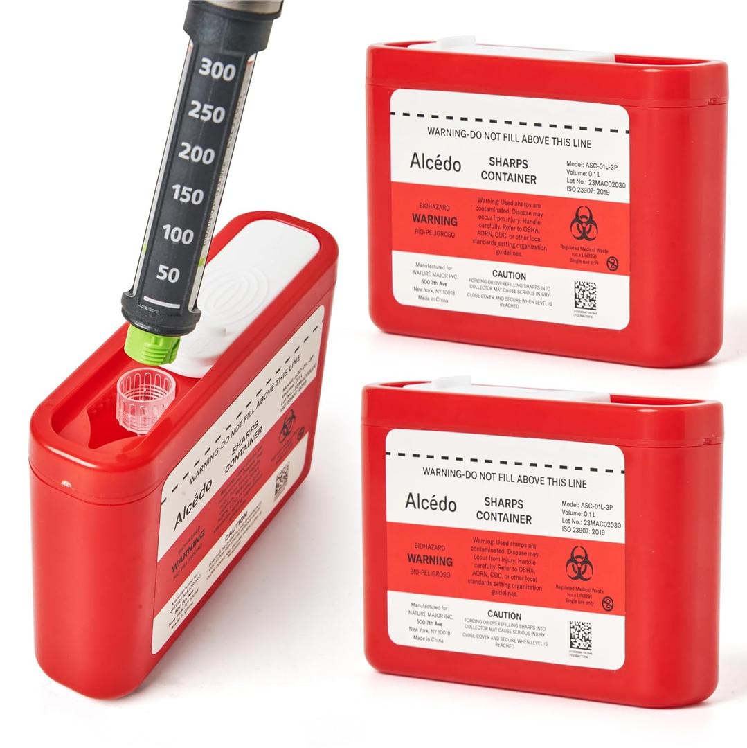 Alcedo Portable Sharps Container for Travel and Home Use (3-Pack), Small 0.1L Container for Diabetes Insulin Pen Needle Disposal, Mini Sharps Box, Medical Grade