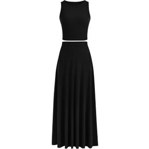 PRETTYGARDEN Women's 2 Piece Maxi Skirt Sets Casual Summer Knit Cropped Tank Top High Waisted Long Skirts Outfit (Black, S)