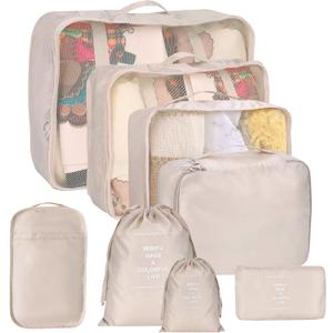 8 Set Packing Cubes for Suitcases, kingdalux Travel Luggage Packing Organizers with Laundry Bag, Compression Storage Shoe Bag, Clothing Underwear Bag, for Man & Women (8Set, Beige)