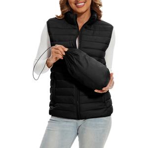 Women's Lightweight Water-Resistant Packable Puffer Vest Sleeveless Quilted Puffer Vest Outerwear (Large, Black)