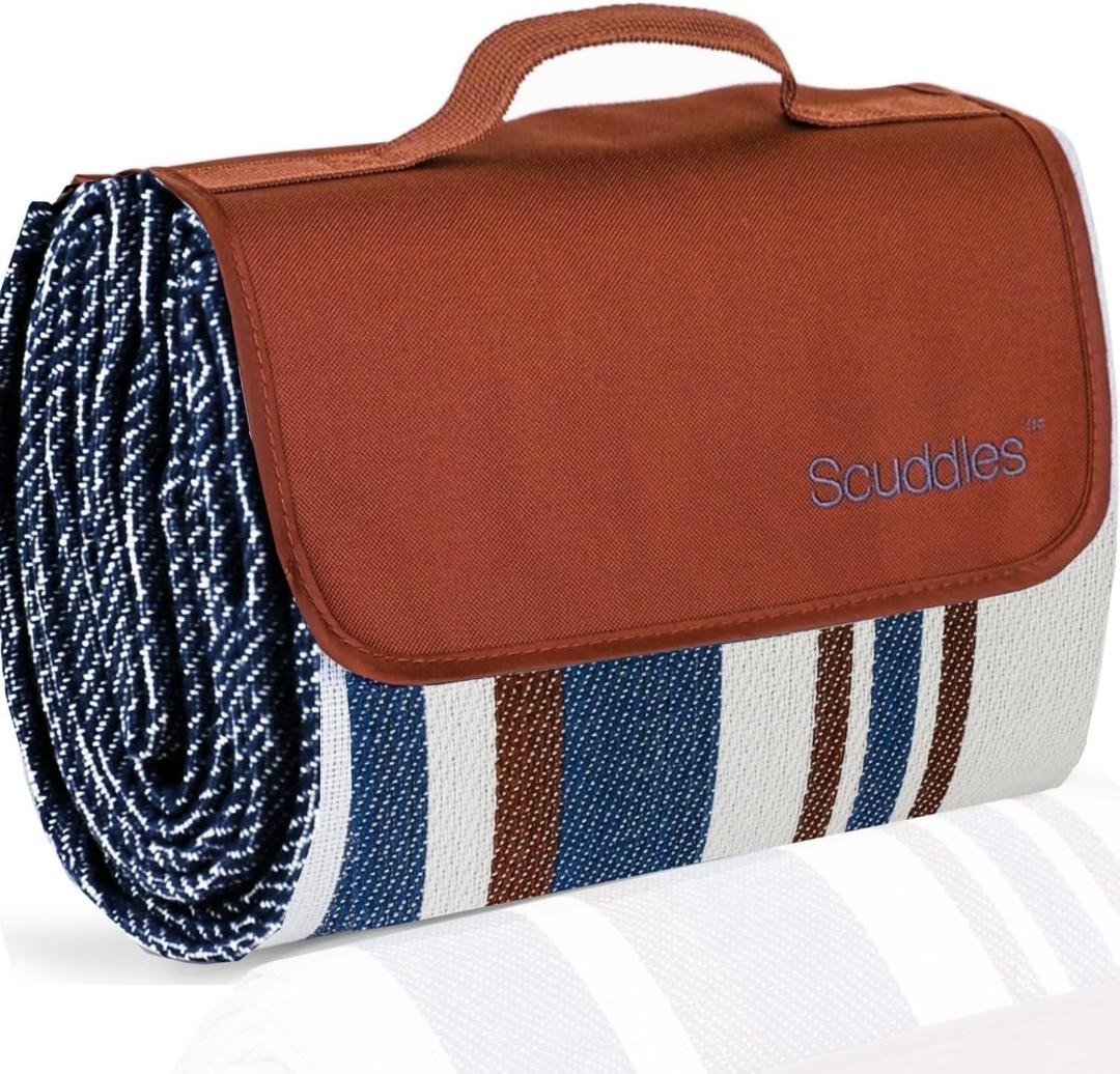 scuddles Extra Large Picnic & Outdoor Blanket Dual Layers for Outdoor Water-Resistant Handy Mat Tote Spring Summer Camping Blanket Great for The Beach (60 X 60, Blue Striped)