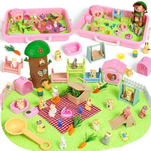 Rabbit and Hamster Sensory Bin,Play Sand Kit for Girls and Boys with 2.2lbs Sensory Sand and Box,Pet Sandbox Toys Role Pretend Play Beach Toy Birthday Present for Toddler Ages 3 4 5 6 7 8