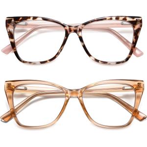 LKEYE Oversized Reading Glasses Women Cat Eye Computer Blue Light Blocking Reader Stylish Ladies Designer Fashion Large Unbreakable Eyewear 2pack Champagne Tortoise Pink LK6042 1.75+ Strength