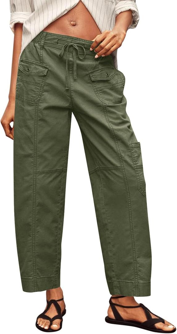 Fisoew Womens 100% Cotton Cargo Pants Drawstring Elastic Waist Casual Hiking Work Pants with Multiple Pockets, Size: L
