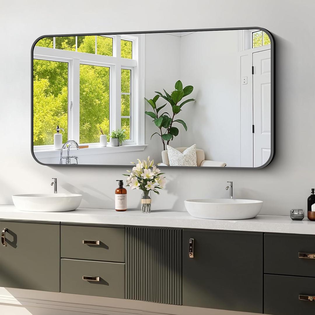 Koonmi Black Framed Bathroom Mirror - 24x48 Inch Shatterproof Tempered Glass Vanity Mirror for Bathroom Sink, Wall Mounted with Matte Aluminum Alloy Frame, No Distortion, Modern Decor
