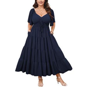 CICIDUDU Plus Size Casual Summer Boho Maxi Dress for Curvy Women Short Sleeve Tiered Flowy A-line Long Dress with Pockets (XL)