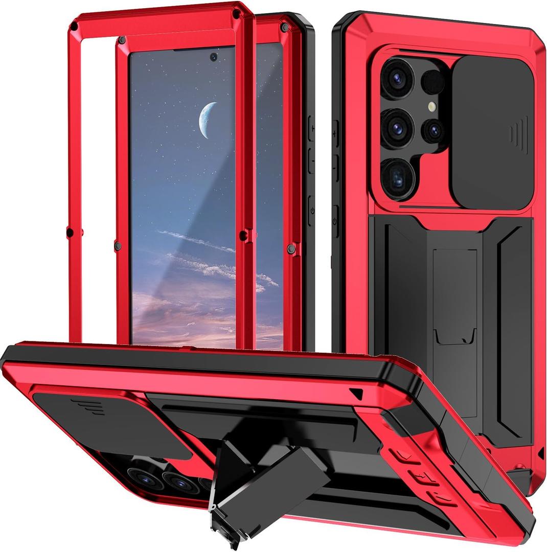 Compatible with Samsung Galaxy S25 Ultra Metal Case with Screen Protector Slide Camera Cover Kickstand Full-Body Rugged Durable Military Aluminium Heavy Duty Dustproof Drop Case for Man Red