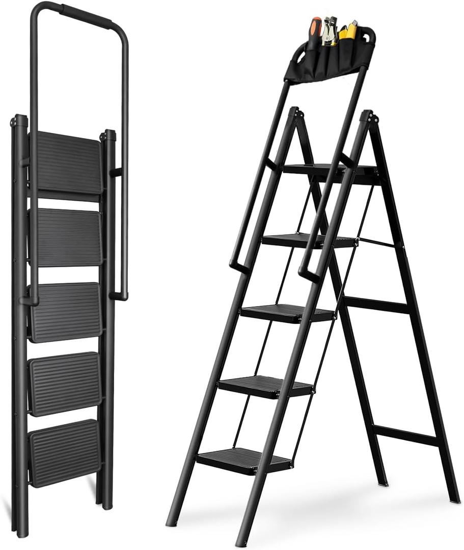 5 Step Ladder with Handrails, Ladders for Home with Removable Tool Bag, Heavy Duty Ladders 330lbs Capacity, Folding Ladder Easy to Store, Tall Kitchen/Closet Ladder for Adults