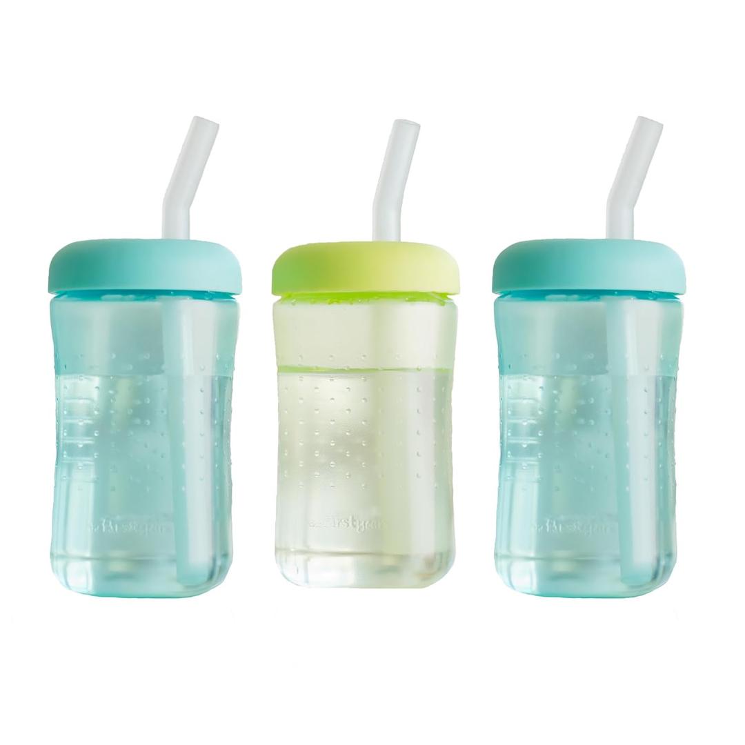 The First Years Squeeze & Sip Toddler Straw Cups - Squeezable Transition Sippy Cup with Silicone Straw - Toddler Feeding Supplies - 7 Oz - 3 Count - Ages 6 Months and Up (Small, Green/Teal)