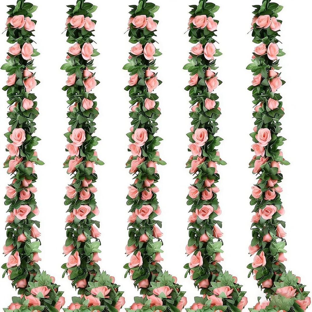 5pack Flower Garland Artificial Fake Rose Garland Vine Artificial Flowers for Decoration Floral Garlands Decor-Total 41 Ft (Pink)