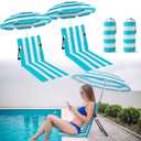 Briwooody 2 Set Foldable Poolside Chairs with Umbrella Portable Beach Folding Poolside Chair for Adults Traveling Camping Picnic Lawn Accessories, Light Blue Stripe