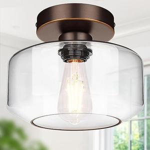 Industrial Semi Flush Mount Ceiling Light Oil Rubbed Bronze, 800 Lumen LED Bulb Included, Clear Glass Shade Ceiling Light Fixture, Light Fixture for Hallway Bathroom Bedroom, Hanging Light Fixtures