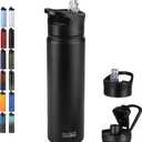 HASLE OUTFITTERS Insulated Water Bottle 22 oz Double Wall Stainless Steel Water Bottle Wide Mouth with Straw Lid & Spout Lid Keeps Cold or Hot(Black,1)