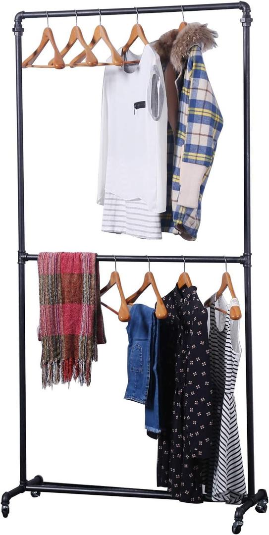 MBQQ Industrial Pipe Clothing Racks on Wheels Double Hanging Rod Metal Clothing Rack,Heavy Duty Commercial Display Garment Rack,Hanging Weight Rack,Metal Ballet Rolling Racks,Black Brush Silver