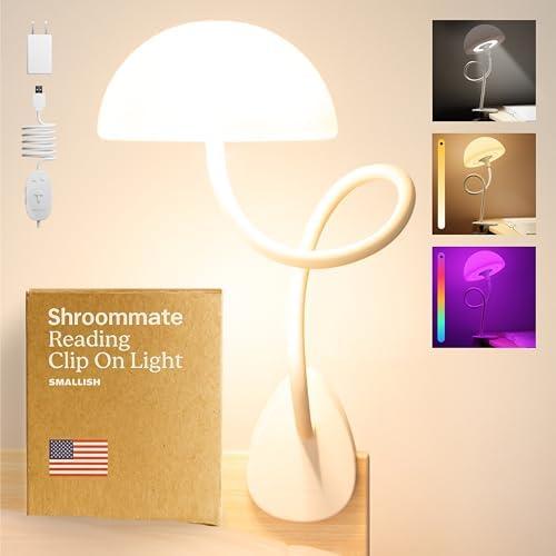 Shroommate Clip On Light and Bed Headboard Lamp, Bedside Table Lamp for Dorm, College Dorm Room Essentials, Night Light for Kids Nursery, Clip on for Desk, MultiColor LEDs, Adapter Included (White)
