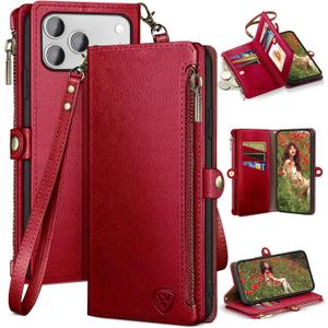 XcaseBar compatible with iPhone 17 Pro Max 6.9" Wallet case with Zipper Credit Card HolderRFID Blocking,Flip Folio Book PU Leather Phone case Shockproof Cover Women Men for Apple 17 Pro Max case Red