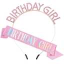 PQRUU Glitter Birthday Sash, Tiara and Rhinestone Headband Set - Pink Birthday Accessories for Her