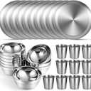 Sunnyray 10 Sets Stainless Steel Plates Bowls and Cups 304 Metal Camping Stainless Steel Dinnerware for Serving Reusable Double Walled Insulated Plates Bowls and Cups for Rice Ice Cream