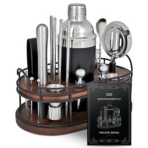 Home Hero Bartender Kit - 22-Piece Cocktail Shaker & Bar Tool Set - Wooden Stand Display & Bar Cart Accessories - Recipe Book & Housewarming Gifts - 22-Pc, Silver